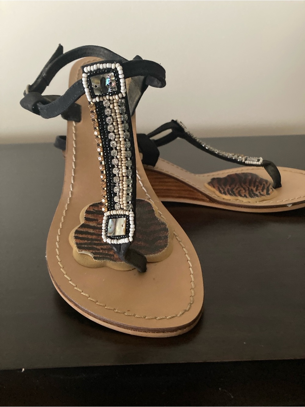 Skemo wedge Black Beaded T-Strap Sandals with Rhinestone  and mother of pearl
